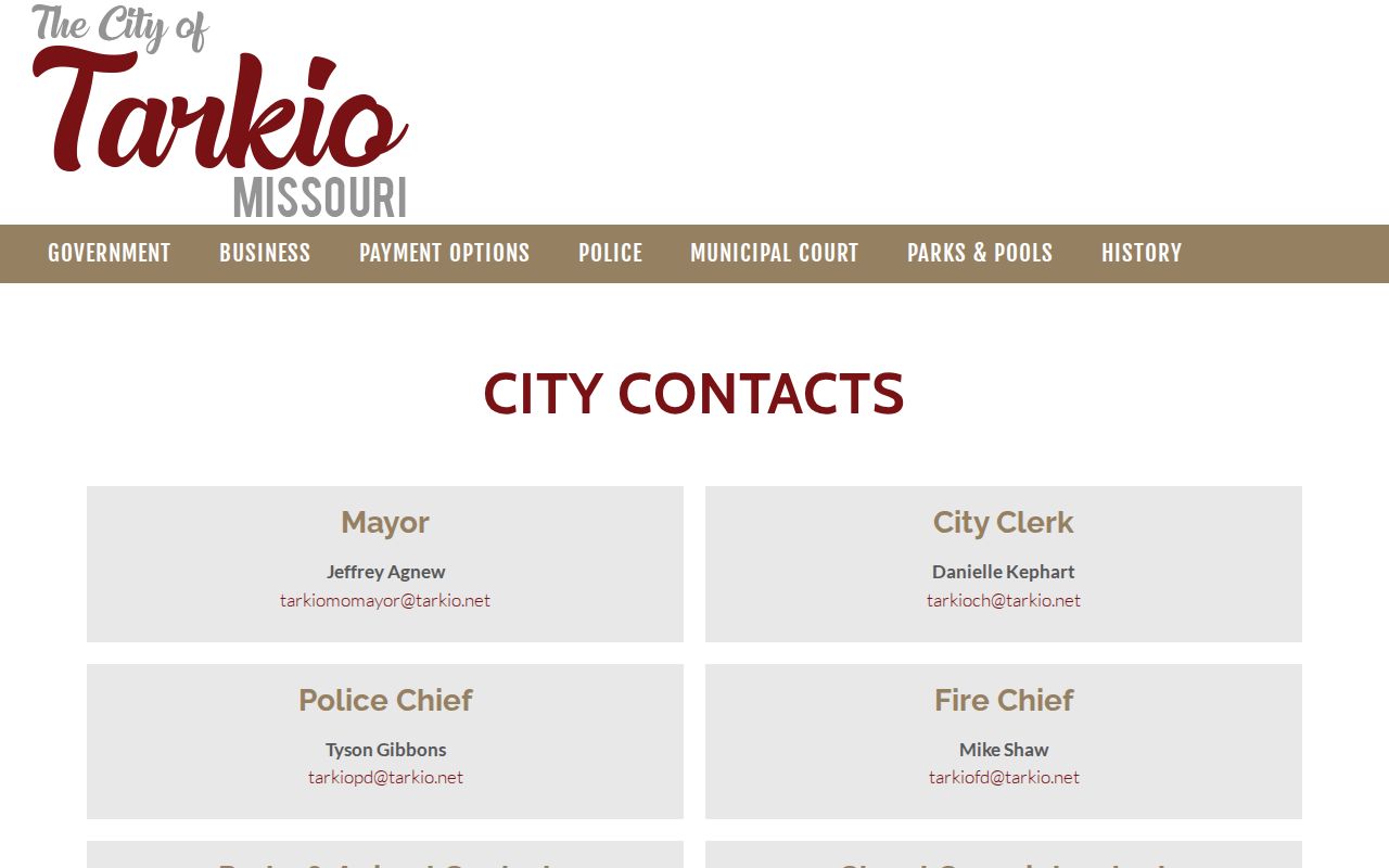 Tarkio Police Department contact record from Tarkio City Hall
